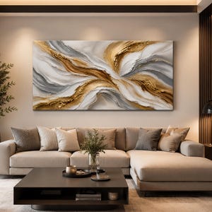 May include: A large rectangular wall art piece featuring an abstract composition of thick, textured paint strokes in shades of metallic gold, charcoal gray, and creamy white, creating a dynamic, swirling pattern across the entire canvas surface.
