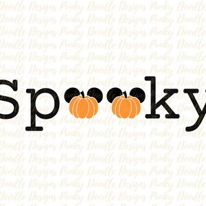 May include: Black and white text that reads "Spocky" with two orange pumpkins with green stems and black Mickey Mouse ears on either side of the word.