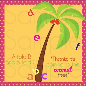 May include: A yellow background with a pink polka dot border. A cartoon palm tree with green leaves and a brown trunk. The letters A, B, and C are in the lower left corner. The text "A told B and B told C" is in the lower left corner. The text "Thanks for coming to the coconut tree." is in the lower right corner.