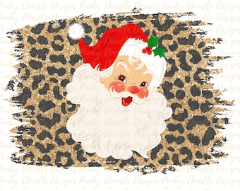 May include: A vintage-style Santa Claus face with a red hat and white beard, set against a gold glitter leopard print background.