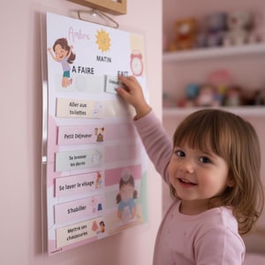 Peut inclure: Tableau de routine matinale pour enfant avec le nom "Ambre" en haut. Le tableau comprend des illustrations et du texte en français, comme "A Faire" et "Petit Déjeuner". Un enfant en chemise rose interagit avec le tableau.
