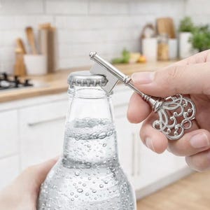 Può includere: Un apribottiglie a forma di chiave d'argento viene utilizzato per aprire una bottiglia di vetro trasparente piena d'acqua. L'apribottiglie ha un manico ornato e una testa piatta. Lo sfondo mostra una cucina.