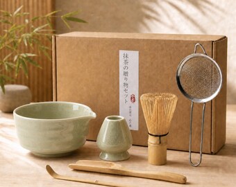 Kit de té matcha verde en cerámica, tazón chawan, batidor y colador de bambú, juego de té