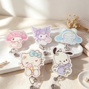 Cute Cartoon Retractable Badge Reel Set of 5, Kawaii Character ID Holder, Nurse Name Tag Clip, Portable Work Card Holder, Sweet Pastel Badge