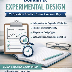 Puede incluir: Una portada de libro de texto titulada "BCBA Task List (6th Edition)" con el encabezado "Domain D: EXPERIMENTAL DESIGN". Incluye un examen de práctica, una carpeta con un gráfico, un cronómetro y un cuaderno con un lápiz. El libro es para la preparación del examen BCBA & BCaBA.