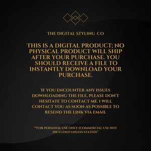 K&ouml;nnte beinhalten: Schwarz-goldene Ank&uuml;ndigung eines digitalen Produkts von The Digital Styling Co. Der Text besagt, dass es sich um ein digitales Produkt handelt und kein physisches Produkt versendet wird. Anweisungen zum Herunterladen und zur Kontaktaufnahme mit dem Verk&auml;ufer.