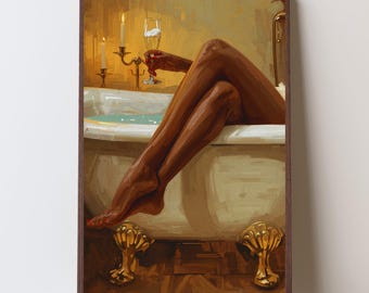 Champagne Moment Black Woman Bath Art Print | Luxury Bathroom Wall Art | Digital Download