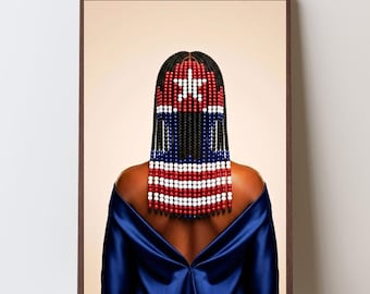 Juneteenth Black Woman Beaded Braids Artwork | Red White Blue Cultural Decor (Digital Download)