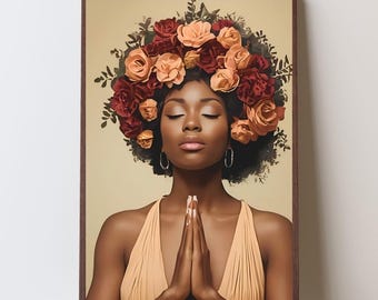 Black Woman Floral Afro Prayer Art Print | Digital Download
