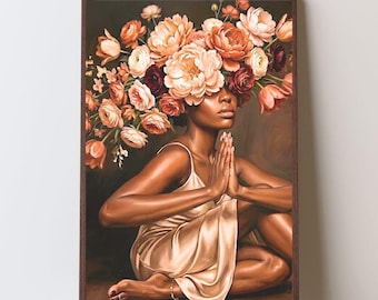 Schwarze Frau Blumenkrone spirituelle Kunstdruck | Afroamerikanische Kunst | Sofortiger digitaler Download