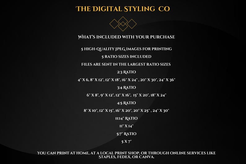 K&ouml;nnte beinhalten: Schwarzer Hintergrund mit Text von The Digital Styling Co. Angebotsdetails. Enth&auml;lt 5 hochwertige JPEG-Bilder zum Drucken in 5 Gr&ouml;&szlig;enverh&auml;ltnissen. Drucken Sie zu Hause oder &uuml;ber Online-Dienste. Gr&ouml;&szlig;en: 10x15cm, 20x30cm, 30x45cm, 40x60cm, 50x75cm und 60x90cm.