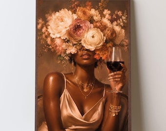 Black Woman Floral Crown Wine Art Print | Instant Digital Download