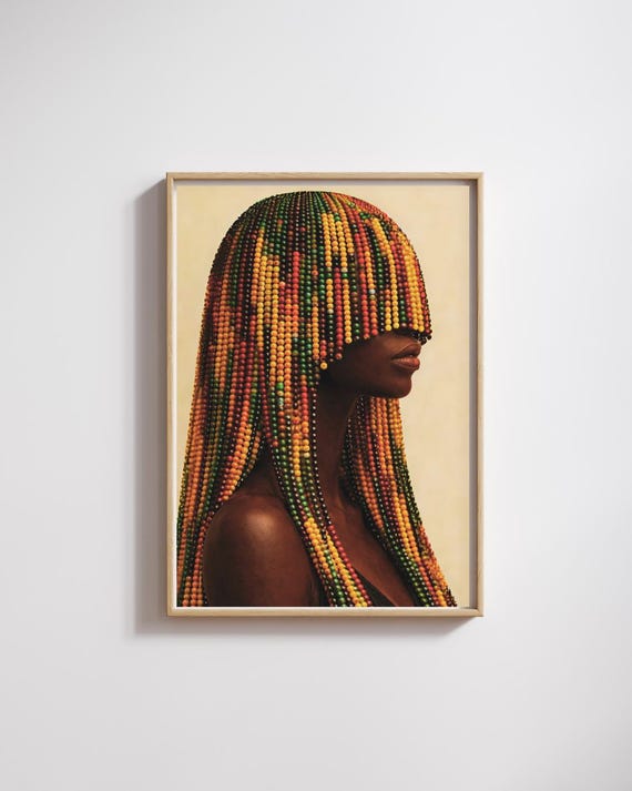 Black Woman Beaded Hair Portrait | Afrocentric Wall Art (Digital Download)