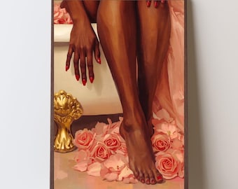 Rose Petal Soak Art Print | Black Woman, Roses, Clawfoot Tub (Digital Download)