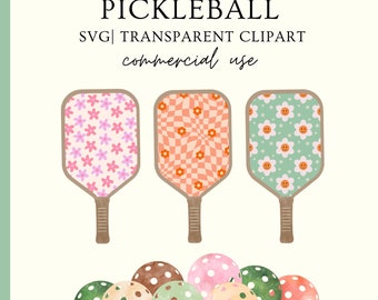 May include: A set of 11 watercolor pickleball paddles and balls with various retro patterns. The paddles have floral, checkered, and smiley face designs. The balls are brown, green, pink, and orange with white polka dots. The text "hip hooray" is written below the balls.