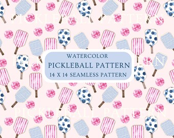 Pickleball Paddle and Ball Seamless PNG Pattern Watercolor Stripes Pink and Blues Baby Shower Bachelorette Digital Set JPG Social Club
