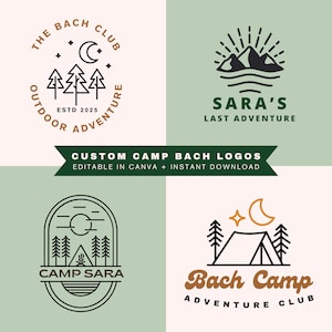 Bach Camp-logotypmall, redigerbar utomhusmöhippa, tröjor för möhippa, personligt brudläger, namntema, Canva-logotypmall, äventyr