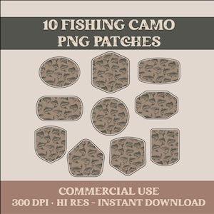 Op de afbeelding: Tien vissen camo PNG-patches in verschillende vormen, waaronder ovaal, zeshoek en rechthoek. Elke patch heeft een bruin vispatroon op een beige achtergrond. De tekst "10 FISHING CAMO PNG PATCHES" staat bovenaan.