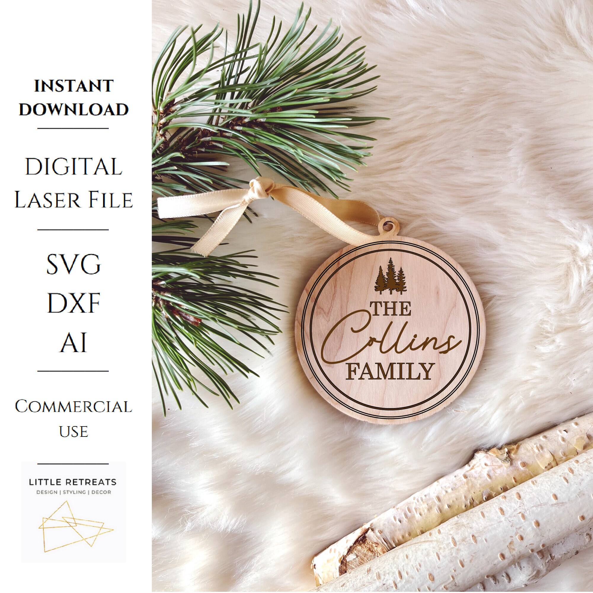 Nome di famiglia personalizzato Ornamento Alberi Natale Personalizza Sposi Regalo di nozze SVG File di taglio laser Gloforge Venditore del mercato Piccoli ritiri