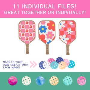 May include: Eleven individual digital files of paddleball rackets and balls with various pink, red, white, blue, and green floral and geometric patterns.  The text "11 INDIVIDUAL FILES! GREAT TOGETHER OR INDIVIDUALLY!" is at the top of the image. The text "MAKE YO YOUR OWN DESIGN WITH EACH IMAGE!" is at the bottom of the image.