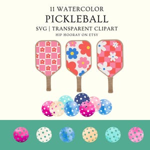 May include: Eleven watercolor pickleball paddles and balls. Three paddles have different pink and white patterns. Six balls are pink, white, blue, and orange with white polka dots. Two balls are pink, blue, and white with watercolor designs.