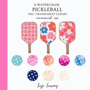 May include: Eleven watercolor pickleball paddles and balls in various patterns and colors. The paddles have a checkered pattern, floral pattern, and a checkered pattern with flowers. The balls are solid colors with white polka dots. The text "hip hooray" is at the bottom of the image.