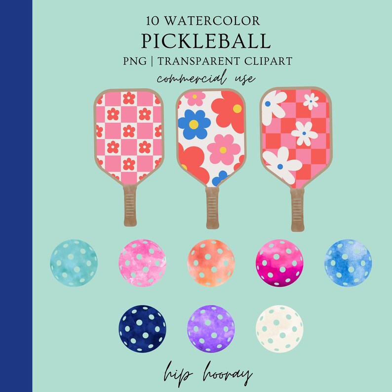 May include: Ten watercolor pickleball paddles and balls in various colors and patterns. The paddles have pink, red, and white checkered and floral designs. The balls are blue, pink, orange, purple, and white with polka dots.