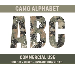 Camo Alphabet PNG Letters Fishing Hunting Camouflage for Sublimation Shirts, Mama Kids Dad Outdoors Cricut, and More