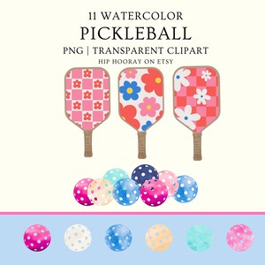 May include: Eleven watercolor pickleball paddles and balls in pink, red, blue, white, and yellow with various patterns. The paddles have checkered and floral designs. The balls have white polka dots.