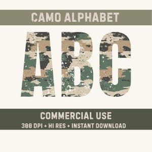 Camo Alphabet PNG Letters Fishing Hunting Camouflage for Sublimation Shirts, Mama Kids Dad Outdoors Cricut, Military and More