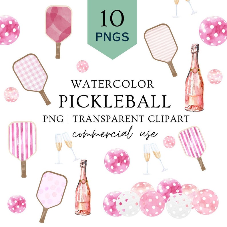Op de afbeelding: Waterverf clipart set van roze en witte pickleball-paddles, ballen, champagneflessen en glazen. 10 PNG's | Transparante clipart | Commercieel gebruik.