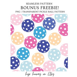May include: A seamless pattern featuring a repeating design of colorful pickleball balls with white polka dots. The balls are in shades of pink, blue, light blue, and peach.