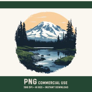 May include: A digital illustration of a mountain landscape with a lake and evergreen trees. The image features a snow-capped mountain under a peach-colored sky, with the text "PNG COMMERCIAL USE" and "300 DPI + HI RES + INSTANT DOWNLOAD".
