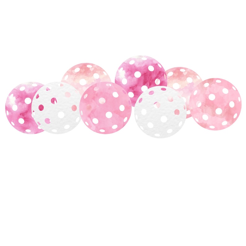 Op de afbeelding: Een groep roze en witte stippenballen met een aquareleffect. De ballen zijn in een halve cirkel gerangschikt.