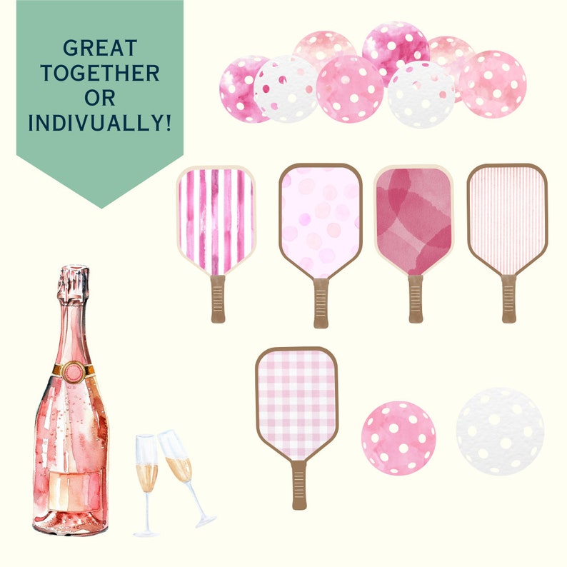 Op de afbeelding: Roze en witte aquarel paddleball rackets en ballen met een fles champagne en twee champagne glazen. De tekst "Great Together or Individually!" staat in de linkerbovenhoek van de afbeelding.