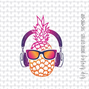 May include: A pineapple wearing sunglasses and headphones. The pineapple is a gradient of pink, orange, and yellow. The sunglasses are orange and the headphones are purple.
