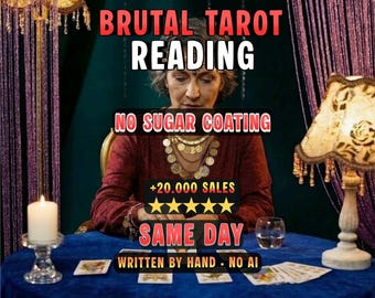 May include: A tarot reading service advertisement featuring the text BRUTAL TAROT READING, NO SUGAR COATING, +20.000 SALES, five yellow stars, SAME DAY, and WRITTEN BY HAND - NO AI. A person in a red top sits at a blue table with tarot cards.
