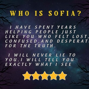 May include: A digital graphic with a starry night sky background and silhouetted tree branches. The text reads "WHO IS SOFIA?" followed by a description of helping people. Four gold stars are at the bottom.