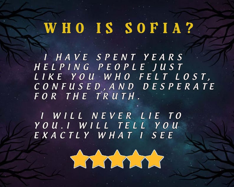 May include: A digital graphic with a starry night sky background and silhouetted tree branches. The text reads "WHO IS SOFIA?" followed by a description of helping people. Four gold stars are at the bottom.