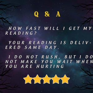 Puede incluir: Gr&aacute;fico digital con un fondo de cielo estrellado y siluetas de ramas de &aacute;rboles. El texto dice "Q & A" en amarillo, seguido de preguntas y respuestas sobre lecturas, incluyendo "Su lectura se entrega el mismo d&iacute;a."