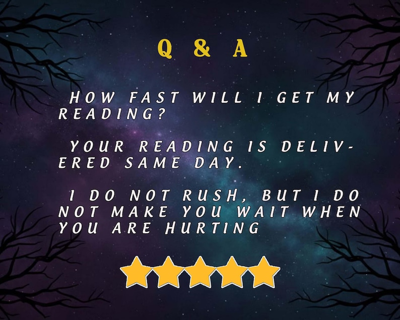 Puede incluir: Gr&aacute;fico digital con un fondo de cielo estrellado y siluetas de ramas de &aacute;rboles. El texto dice "Q & A" en amarillo, seguido de preguntas y respuestas sobre lecturas, incluyendo "Su lectura se entrega el mismo d&iacute;a."