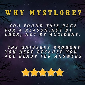May include: A digital graphic with a starry night sky background and silhouetted tree branches. Text in gold reads "WHY MYSTLORE?" followed by statements about finding the page for a reason. Five gold stars are at the bottom.