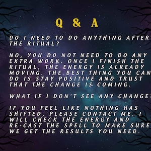 May include: A digital graphic with a starry night background and tree branch silhouettes. The text reads "Q & A" in yellow, followed by questions and answers about a ritual, including what to do after and what if no change is seen.