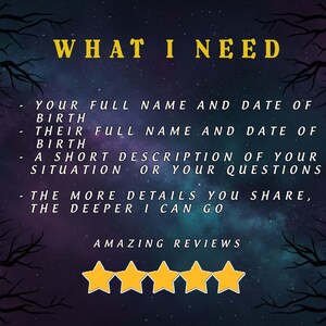 Puede incluir: Gr&aacute;fico digital con un fondo de cielo estrellado y ramas oscuras. El texto "WHAT I NEED" es dorado. Debajo, texto blanco enumera los requisitos: nombre completo, fecha de nacimiento y una breve descripci&oacute;n. Estrellas doradas en la parte inferior.