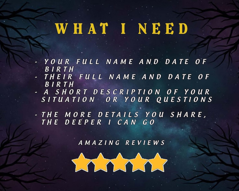 Puede incluir: Gr&aacute;fico digital con un fondo de cielo estrellado y ramas oscuras. El texto "WHAT I NEED" es dorado. Debajo, texto blanco enumera los requisitos: nombre completo, fecha de nacimiento y una breve descripci&oacute;n. Estrellas doradas en la parte inferior.