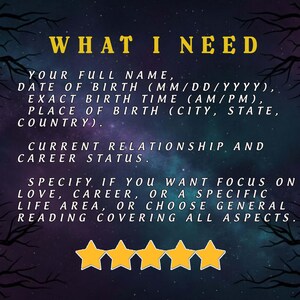 May include: A digital graphic with the text "WHAT I NEED" in yellow. The text lists requirements for a reading, including full name, date of birth, birth time, and place of birth. The background is a dark blue with stars and tree branches.