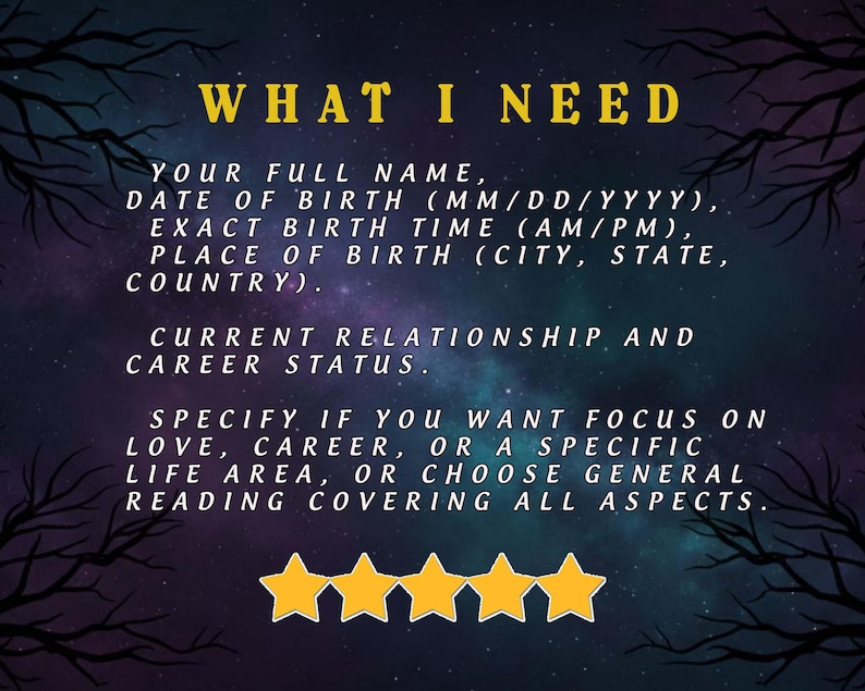 May include: A digital graphic with the text "WHAT I NEED" in yellow. The text lists requirements for a reading, including full name, date of birth, birth time, and place of birth. The background is a dark blue with stars and tree branches.