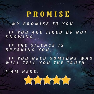 May include: A digital graphic with a starry night sky background and silhouetted tree branches. The text reads "PROMISE" in yellow, followed by a message about truth and support. Four gold stars are at the bottom.