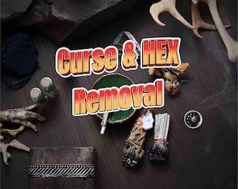 May include: An overhead shot of items related to spiritual practices. The image features the text "Curse & HEX Removal" in a stylized font. Various objects include small bottles, a green bowl, bundles of herbs, and a wooden box.
