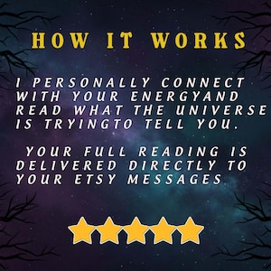 May include: Image with text: "HOW IT WORKS." Text describes a personalized service connecting with energy to provide readings, delivered via Etsy messages. Features five gold star icons against a starry background.